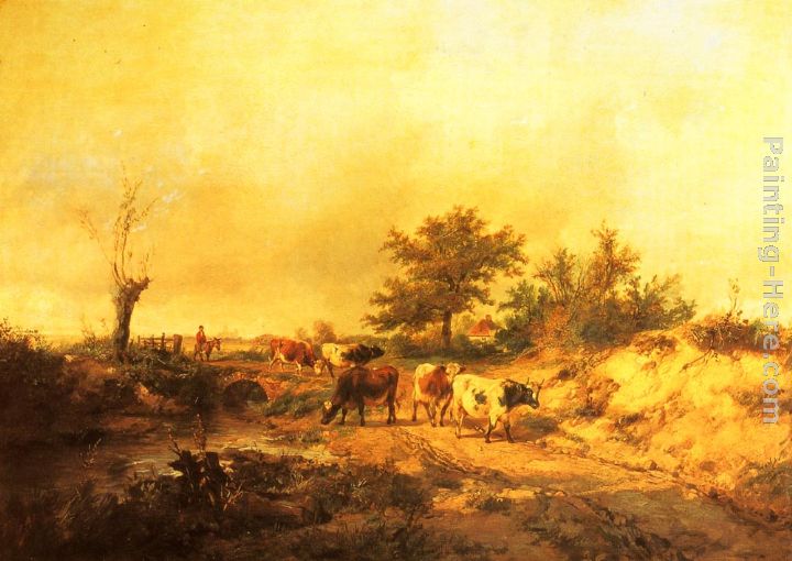 Thomas Sidney Cooper Near Canterbury a Boy on a Donkey driving Cattle along a Road, the Cathedral beyond